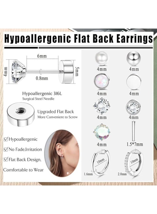 FAYET 10 Pairs (20PCS) Stainless Steel Stud and Hoop Earrings Set for Women, Screwback Flatback Tiny Studs, Pearl and CZ Piercing Jewelry - Image 3